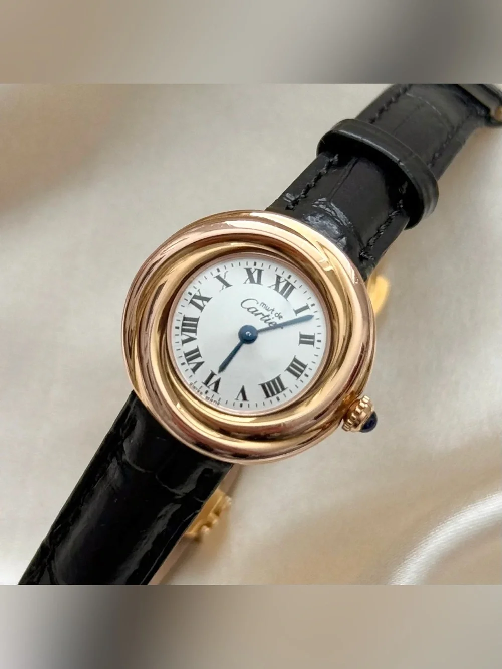 AUTHENTIC RARE VINTAGE CARTIER TRINITY BLACK LEATHER WATCH - WITH BOX - Picture 3 of 16